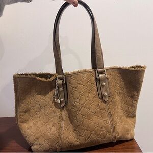 Gucci Tan Suede GG Shearling Jolicoeur Tote Bag